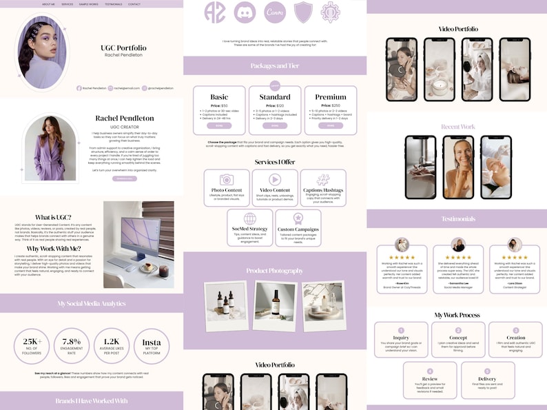 May include: A website layout with a light purple and white color scheme. The site showcases a UGC portfolio with sections for services, recent work, and testimonials. The layout includes images, text, and social media analytics.