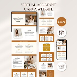 May include: A Virtual Assistant Canva website template featuring a brown and white colour scheme. The layout includes sections for services, about me, and experience, displayed on a tablet and smartphone screen alongside circular icons for Canva and 50% off.