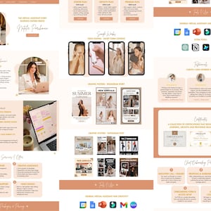 Puede incluir: Dise&ntilde;o de p&aacute;gina web en tonos crema y blanco. Muestra a una mujer con una chaqueta blanca, texto y varios elementos gr&aacute;ficos. Las secciones incluyen "La asistente virtual" y "Experiencia laboral".