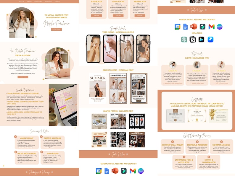 Puede incluir: Dise&ntilde;o de p&aacute;gina web en tonos crema y blanco. Muestra a una mujer con una chaqueta blanca, texto y varios elementos gr&aacute;ficos. Las secciones incluyen "La asistente virtual" y "Experiencia laboral".