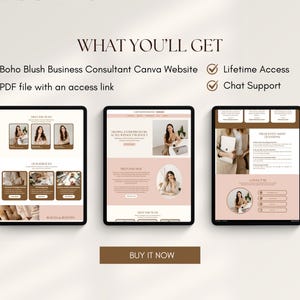 Puede incluir: Tres tabletas digitales que muestran un dise&ntilde;o de sitio web. El sitio web presenta una combinaci&oacute;n de colores marr&oacute;n claro y rosa con im&aacute;genes de una mujer. El texto de la imagen incluye "WHAT YOU'LL GET", "Boho Blush Business Consultant Canva Website" y "BUY IT NOW".