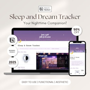 May include: A laptop and smartphone display a sleep and dream tracker interface. The interface features a purple and white color scheme with moon graphics. Text includes "Sleep and Dream Tracker" and "Your Nighttime Companion!"