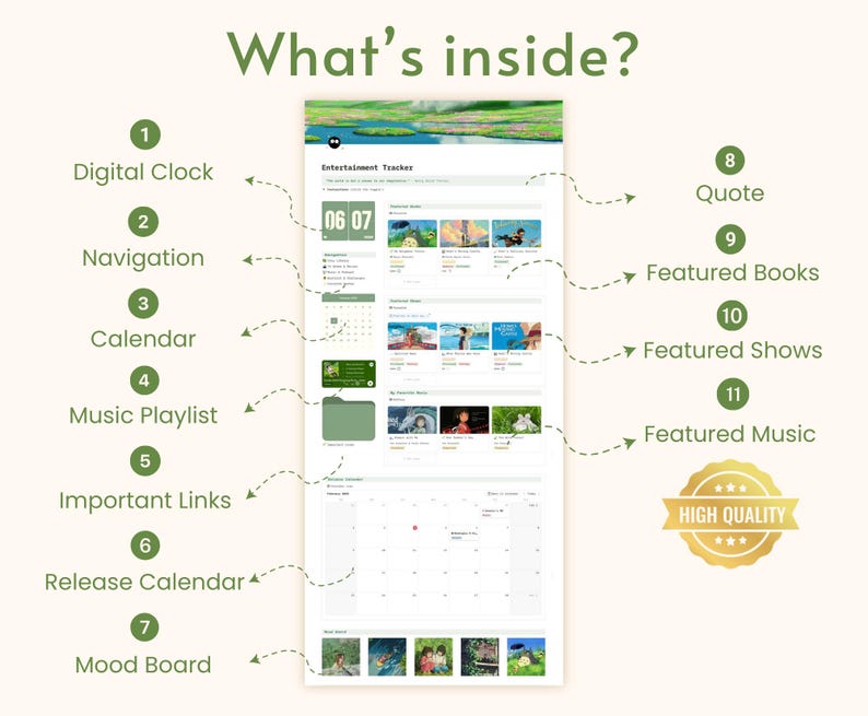 Estetisk underhållningsspårare Notion Dashboard Studio Ghibli-filmer Digital bokhylla Serier Filmspårning Personligt bibliotek Medieplanerare bild 3
