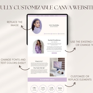 May include: A digital tablet displays a customizable Canva website template with a light purple and white color scheme. The text reads "FULLY CUSTOMIZABLE CANVA WEBSITE!" with options to replace images, change fonts, and customize elements. The website showcases a portfolio.