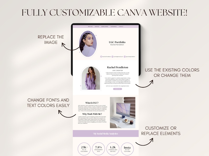 May include: A digital tablet displays a customizable Canva website template with a light purple and white color scheme. The text reads "FULLY CUSTOMIZABLE CANVA WEBSITE!" with options to replace images, change fonts, and customize elements. The website showcases a portfolio.