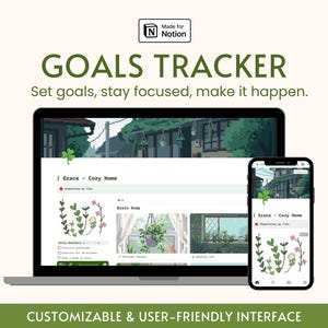 Op de afbeelding: Een computerbeeldscherm-mockup die een digitale doeltracker-sjabloon voor Notion laat zien. De sjabloon heeft een groen-wit kleurenschema en bevat een sectie voor het stellen van doelen, een brain dump-sectie en een sectie voor het bijhouden van de voortgang. De tekst op het scherm luidt "Grace - Cozy Home".