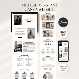 Könnte beinhalten: Design einer digitalen Marketing-Website für einen virtuellen Assistenten, angezeigt auf einem Tablet und Smartphone. Die Website zeigt den Text "VIRTUAL ASSISTANT CANVA WEBSITE" und "Natalie Porchmen". Eine kreisförmige Grafik zeigt einen Rabatt von 50%.