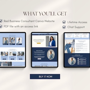 May include: Three digital tablets displaying a website design. The tablets show a website with a blue and white color scheme. Text at the top says "WHAT YOU'LL GET" and lists features. A "BUY IT NOW" button is at the bottom.