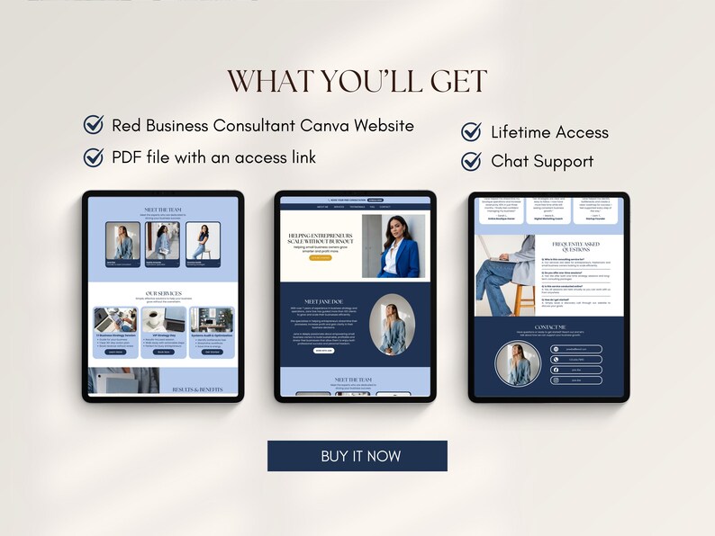 May include: Three digital tablets displaying a website design. The tablets show a website with a blue and white color scheme. Text at the top says "WHAT YOU'LL GET" and lists features. A "BUY IT NOW" button is at the bottom.
