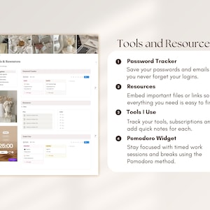 May include: A digital planning interface with the title "Tools & Resources." The interface includes sections for password tracking, resources, tools, and a Pomodoro widget. The image also shows a timer set to 25:00.