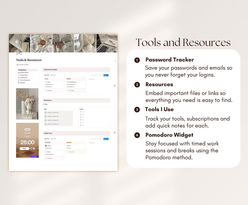 May include: A digital planning interface with the title "Tools & Resources." The interface includes sections for password tracking, resources, tools, and a Pomodoro widget. The image also shows a timer set to 25:00.