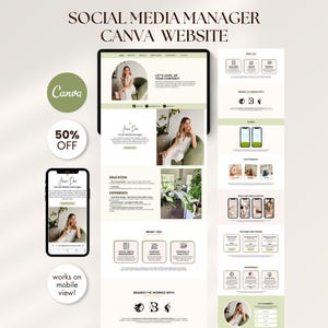 Może przedstawiać: Projekt strony internetowej marketingu cyfrowego wyświetlany na tablecie i smartfonie. Strona internetowa ma jasnozielony i biały schemat kolorów z tekstem "SOCIAL MEDIA MANAGER CANVA WEBSITE". Zawiera logo Canva i promocję "50% OFF".