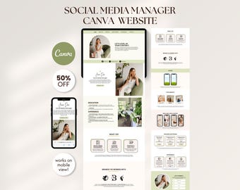 Plantilla de Canva editable para portafolio de gestor de redes sociales ecológico para creadores de contenido, páginas de destino de sitios web de redes sociales, descarga digital.