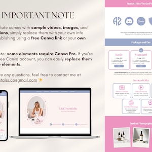 May include: A digital marketing template in pink and white. The template includes sample videos, images, and descriptions. It features a laptop and smartphone displaying a portfolio, and a section for packages and services.