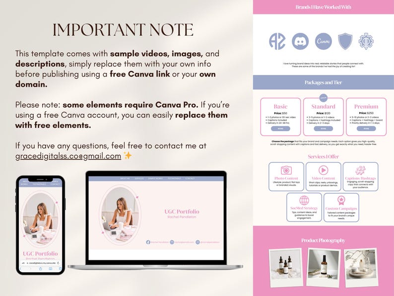 May include: A digital marketing template in pink and white. The template includes sample videos, images, and descriptions. It features a laptop and smartphone displaying a portfolio, and a section for packages and services.