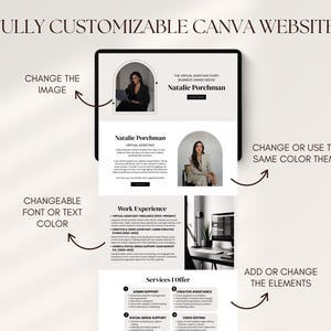 May include: A digital mockup of a website design on a tablet, with the text "FULLY CUSTOMIZABLE CANVA WEBSITE!". The design features a professional layout with images, text, and arrows indicating customization options. The website is for a virtual assistant.