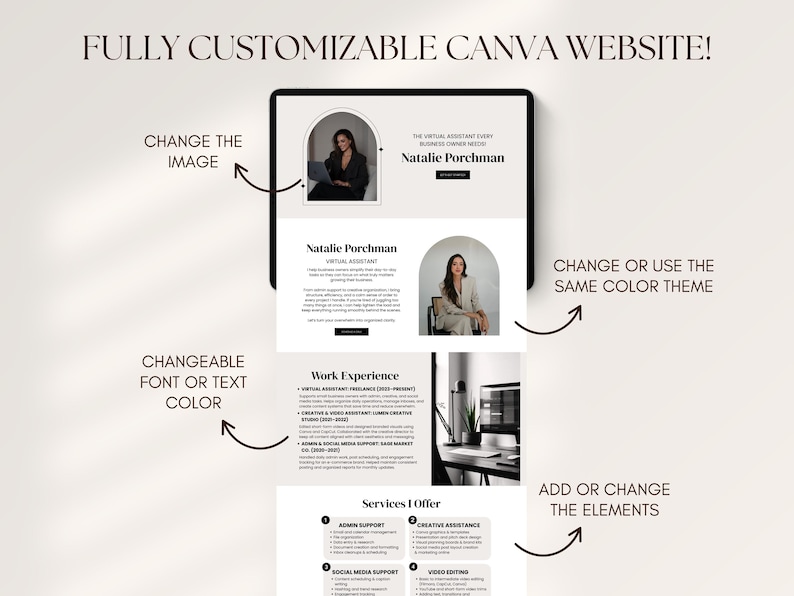May include: A digital mockup of a website design on a tablet, with the text "FULLY CUSTOMIZABLE CANVA WEBSITE!". The design features a professional layout with images, text, and arrows indicating customization options. The website is for a virtual assistant.