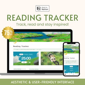 Puede incluir: Un portátil y un teléfono inteligente muestran una maqueta de una plantilla de seguimiento de lectura de Notion. La plantilla incluye un temporizador, botones de acción y una sección para los libros que se están leyendo actualmente. El texto "Reading Tracker" y "Track, read and stay inspired!" se muestra en la pantalla del portátil. El texto "AESTHETIC & USER-FRIENDLY INTERFACE" se muestra debajo de la imagen.