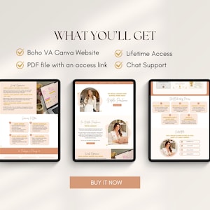 Puede incluir: Tres tabletas digitales que muestran contenido del sitio web con el texto "WHAT YOU'LL GET", que incluye "Boho VA Canva Website", "Acceso de por vida", "Archivo PDF con un enlace de acceso" y "Soporte de chat". Un bot&oacute;n dice "COMPRAR AHORA".