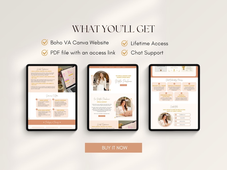 Puede incluir: Tres tabletas digitales que muestran contenido del sitio web con el texto "WHAT YOU'LL GET", que incluye "Boho VA Canva Website", "Acceso de por vida", "Archivo PDF con un enlace de acceso" y "Soporte de chat". Un bot&oacute;n dice "COMPRAR AHORA".