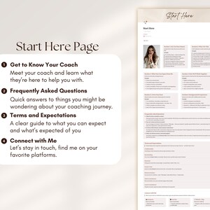May include: A digital document titled "Start Here Page" with sections including "Get to Know Your Coach," "Frequently Asked Questions," "Terms and Expectations," and "Connect with Me." The document has a light beige background and a photo of a woman.