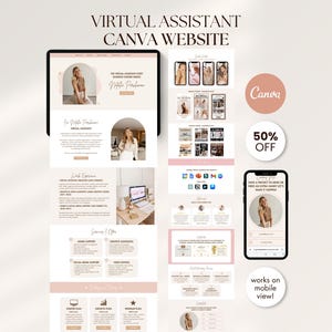 Könnte beinhalten: Ein digitales Marketing-Design, das eine virtuelle Assistentin-Canva-Website präsentiert. Das Design umfasst ein Tablet, Smartphones und einen Kreis mit dem Text "50% OFF". Der Text "Virtual Assistant Canva Website" steht oben.