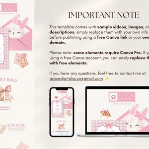 May include: A digital template for a baby shower website featuring pink and white graphics, including a bunny, a swan, and bows. The text reads IMPORTANT NOTE, explaining that the template includes sample videos, images, and descriptions.