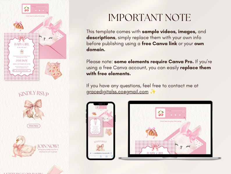 May include: A digital template for a baby shower website featuring pink and white graphics, including a bunny, a swan, and bows. The text reads IMPORTANT NOTE, explaining that the template includes sample videos, images, and descriptions.