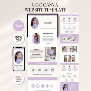 May include: A digital website template displayed on a tablet and smartphone, with a light purple and white colour scheme. The template includes the text "UGC Canva Website Template" and "50% OFF". The smartphone displays "works on mobile view!"