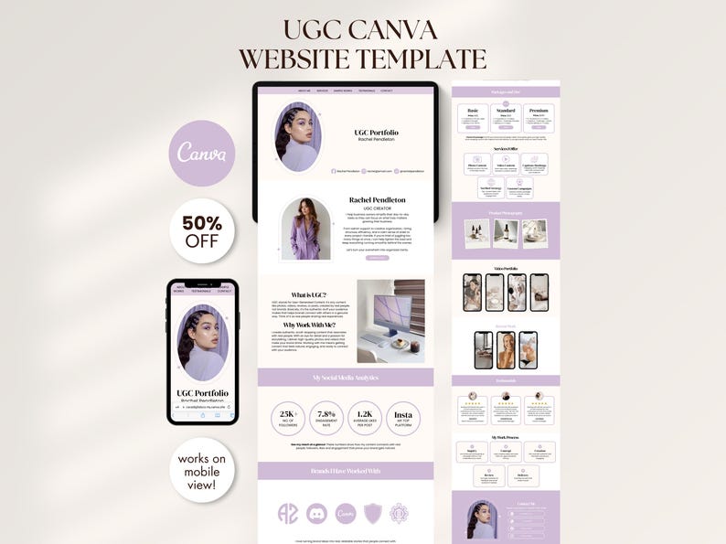 May include: A digital website template displayed on a tablet and smartphone, with a light purple and white color scheme. The template includes the text "UGC Canva Website Template" and "50% OFF". The smartphone displays "works on mobile view!"