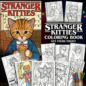 Puede incluir: Un libro para colorear Stranger Kitties con una portada que muestra un gato atigrado naranja con una chaqueta azul que sostiene un bocadillo con forma de pez. El libro incluye varias páginas de arte lineal en blanco y negro con gatos y un bote de lápices de colores.