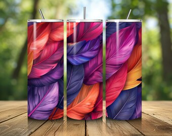 Flerfärgad fjäderfärgad smal tumbler med vibrerande 3D-design, 20 oz - Färgglad isolerad resemugg, perfekt för vätskeintag på språng, unik presentidé