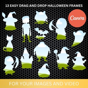 May include: Thirteen Halloween-themed frames with a blue sky and green grass background. The frames are in the shape of a witch, a cat, a ghost, a bat, a monster, a castle, a witch, a ghost, a witch, a monster, a witch, a cat, and a ghost. The frames are designed to be used for images and videos.