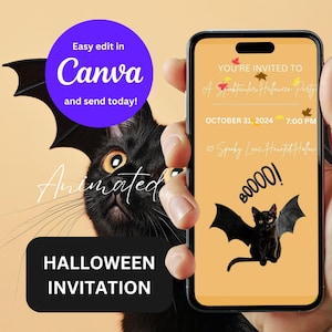 May include: A smartphone displaying a Halloween party invitation with a black cat wearing bat wings and the text "You're invited to a Spooktacular Halloween Party" and "Boo000!"