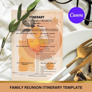 Plantilla de itinerario de reunión familiar, plantilla de itinerario para Canva, carta de itinerario imprimible editable, invitación a fiesta temática retro