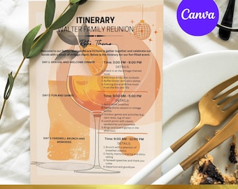 Family Reunion Itinerary Template, Itinerary Template for Canva, Editable Printable Itinerary Letter, Retro Theme Party Invitation