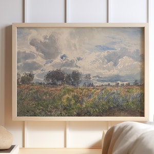 Vintage Watercolor Wildflower Field Landscape Framed Wall Art, Country Rustic Print Living Room Decor Painting, Nature Botanical Art