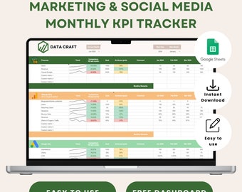 Digital Marketing Tracker with KPI Dashboard  - Monthly Google Spreadsheet Template Social Media Analytics Report for your Business