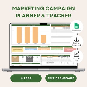 May include: A laptop screen displaying a spreadsheet with a green, orange, and white colour scheme. The spreadsheet is titled "Marketing Campaign Planner & Tracker" and includes tabs for "Campaigns by Channel", "Campaign Summary", "Campaigns by Status", "Campaign to-do", and "Top Campaign Performance". The spreadsheet is designed to track marketing campaigns and includes columns for impressions, clicks, conversions, revenue, cost per click, and conversion rate. The spreadsheet is also integrated with Google Sheets.