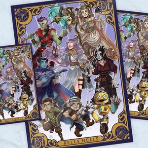 May include: A colourful illustration of a group of fantasy characters, including a goblin, a human, an elf, a dwarf, and a robot. The characters are standing in front of a purple background with gold accents. The text "BELLS HELLS" is written at the bottom of the image.