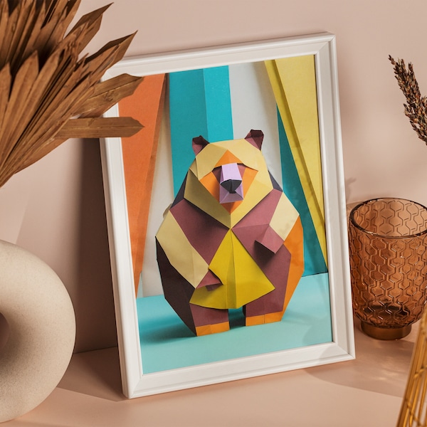 Origami Fat Bear Portrait, Chubby Wildlife Art, Geometric Bear Design, Cozy Nature Decor, Digital Print for Rustic and Outdoor Enthusiasts