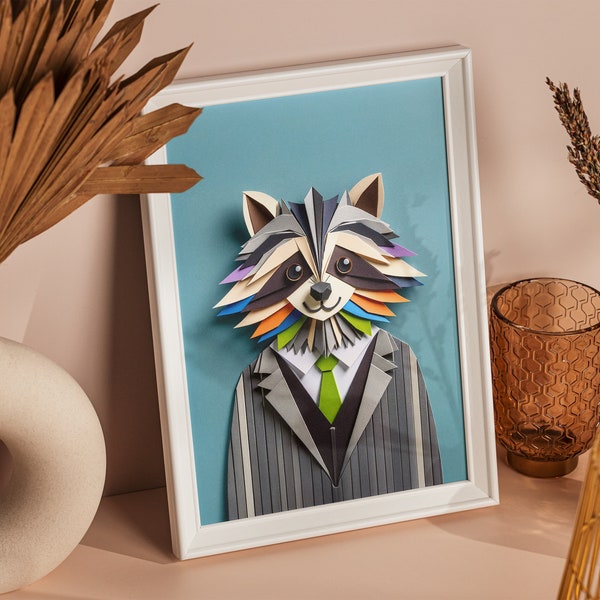 Origami Raccoon Gentleman Portrait, Dapper Animal Art, Geometric Raccoon, Sophisticated Wall Decor, Digital Print for Elegant Spaces