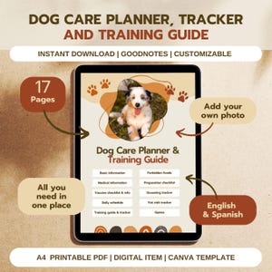 Dog Care Planner, Tracker and Training Guide, Printable and Editable Canva Template (Available in English & Spanish)