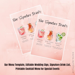 Szablon menu baru, edytowalny znak weselny, lista drinków, drukowane menu koktajlowe na specjalne okazje