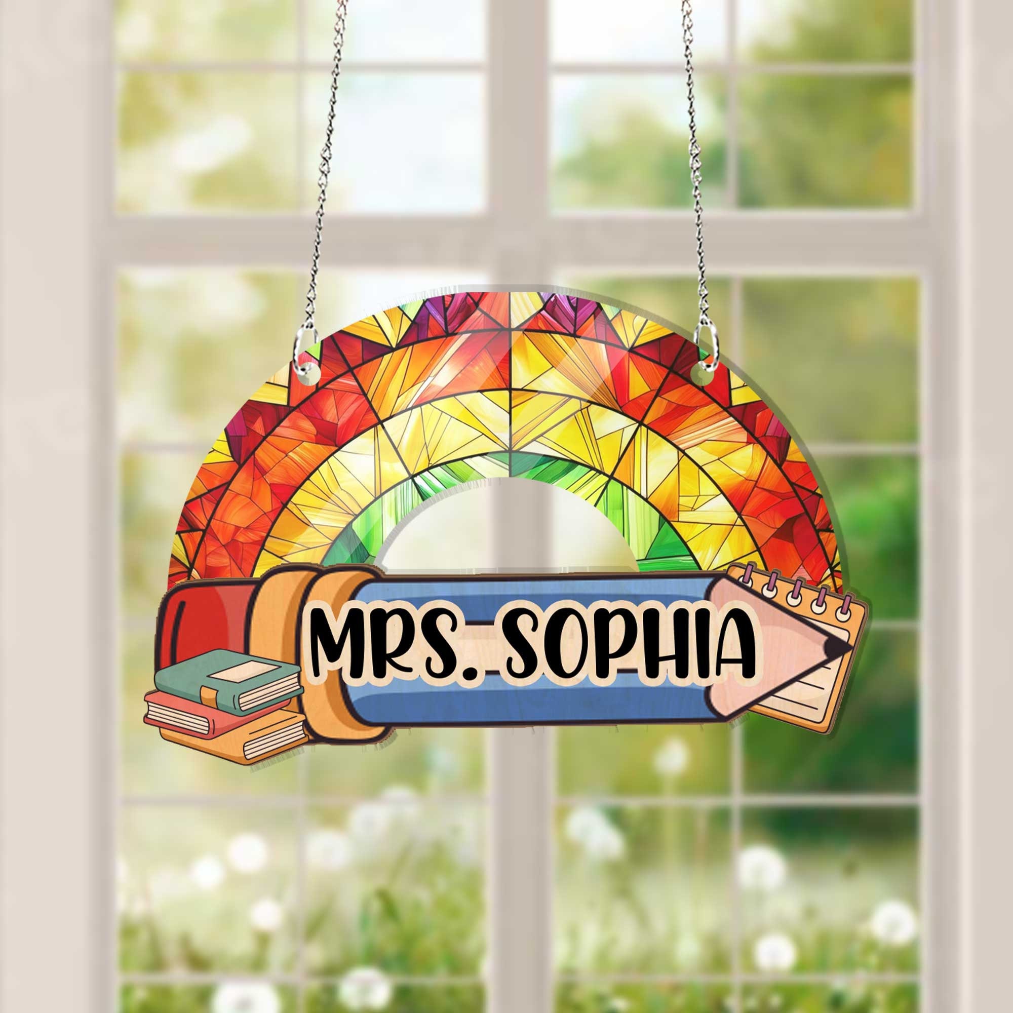 Personalized Teacher Name Rainbow Suncatcher Ornament, Teacher Door Hanger, Back to School Gift, Custom Teacher Gift, Classroom Decor