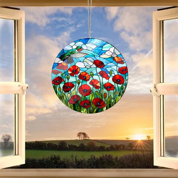 Hummingbird and Red Poppies Acrylic Window hanging, Hummingbird decoration, bird nerd gift, Bird lovers, Poppies lovers