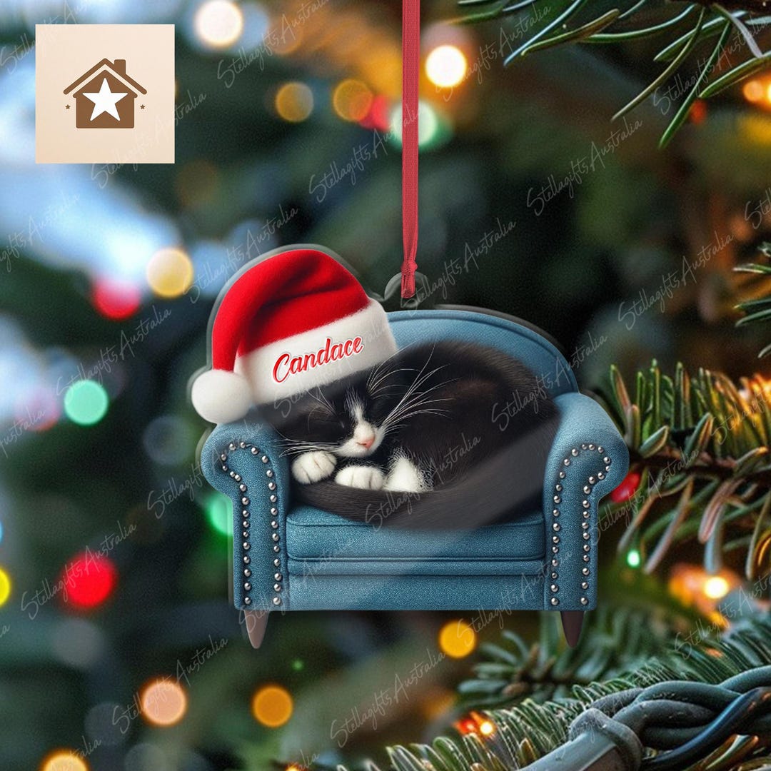 Personalized Tuxedo Cat Sleeping on Sofa Christmas Ornament, Unique