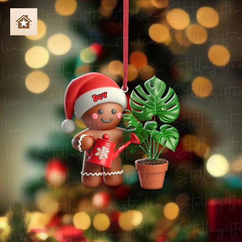 Personalized Gingerbread and Monstera Plant Ornament, Unique Christmas