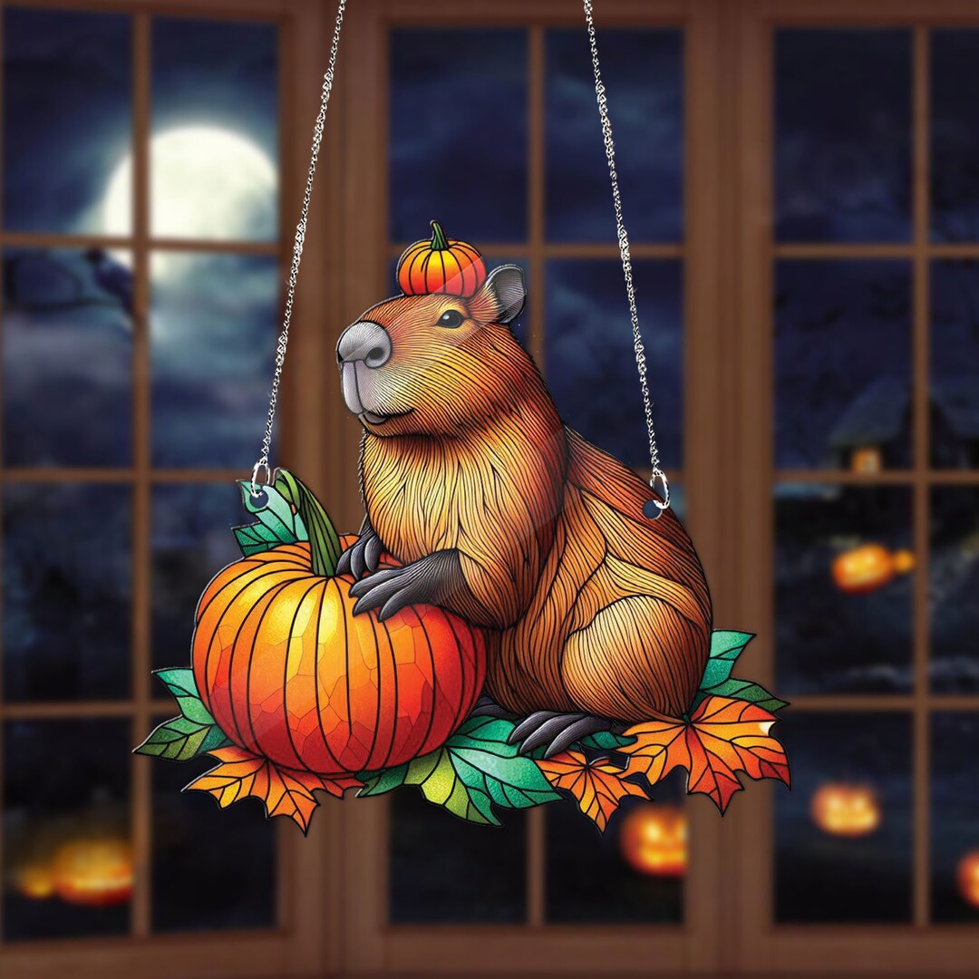 Fall Capybara Autumn Capybaras Acrylic Window Hanging, Capybara Decoration, Capybara ...