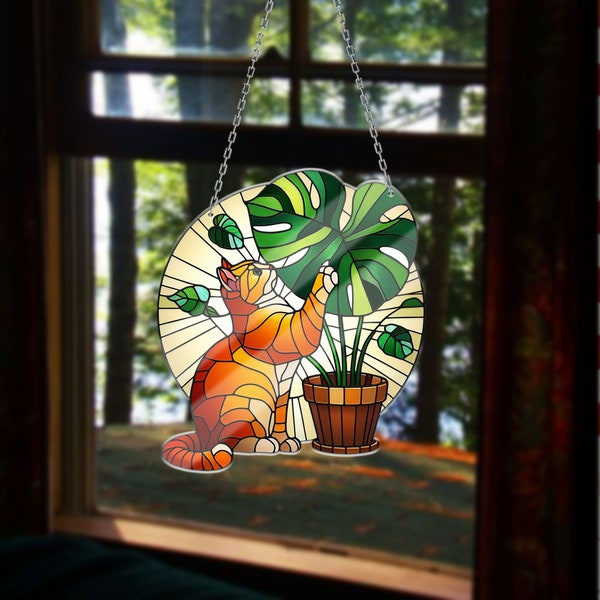 Orange Cat Touching Monstera Plant Acrylic Window Hanging, Orange Cat Mom gift, Garden lover, monstera plant gift, Orange Cat window hanging